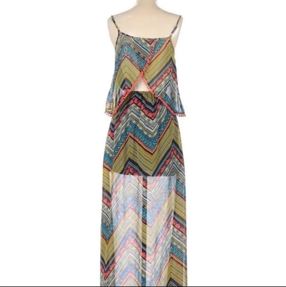 Umgee Aztec Chevron Print Semi Sheer Boho Maxi Dress with Back Cutout Small - Picture 6 of 15